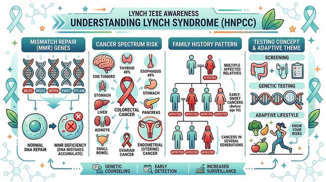 Infographic explaining lynch syndrome genetics and cancer risk factors
