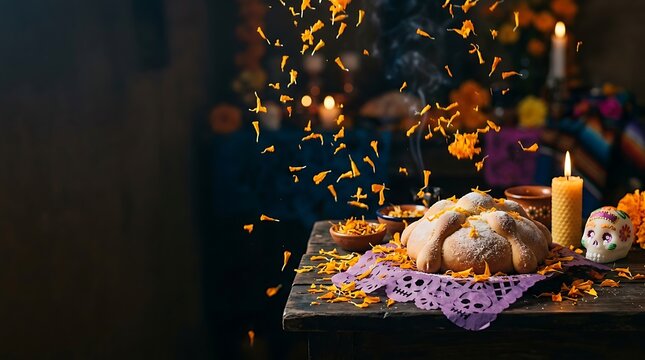 Pan de muerto with falling marigold petals for day of the dead