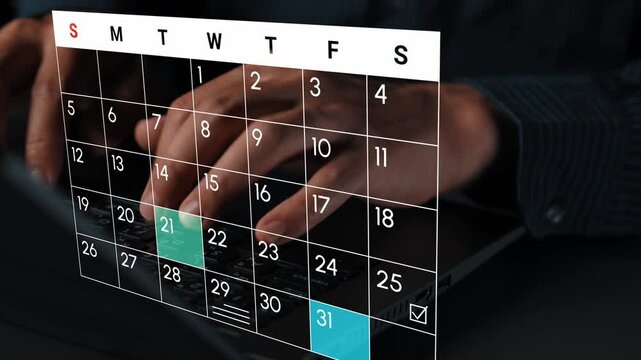 Modern digital calendar interface displayed on a laptop with hands typing, highlighting important dates and tasks, perfect for planning and organization. Entropy.