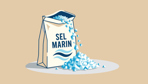 Stylized illustration of a paper bag of sea salt labeled sel marin with crystals spilling out on a neutral background.