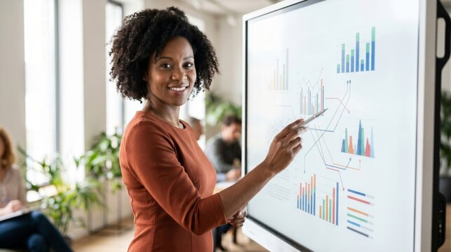 Professional woman presenting business data on a digital interactive whiteboard in a modern office environment