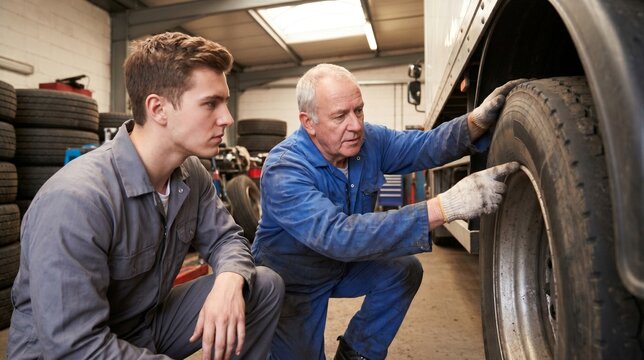 Experienced mechanic teaching a young apprentice how to inspect the tires of a large commercial truck in a professional garage workshop