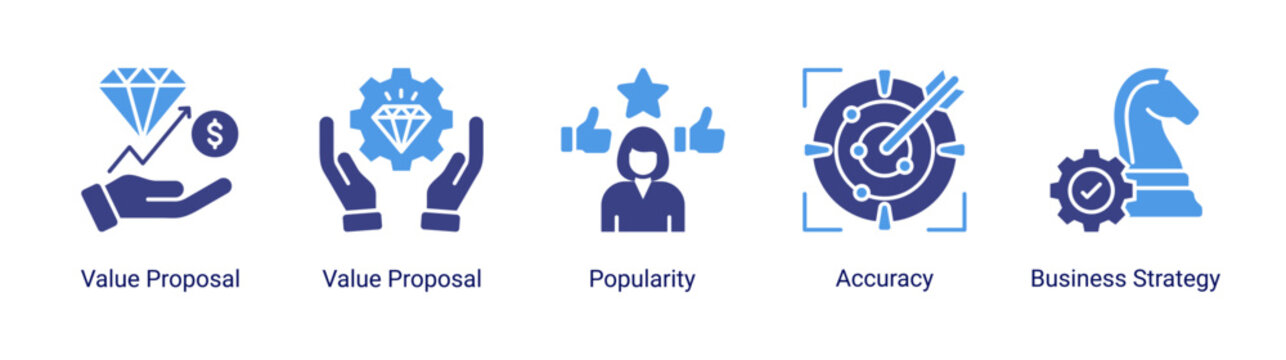 Business value icon set featuring value proposition,strategy,popularity and accuracy concepts for marketing,branding and business development projects.