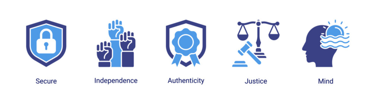 Human values icon set featuring independence,authenticity,justice and personal awareness concepts for education,coaching and self development projects.