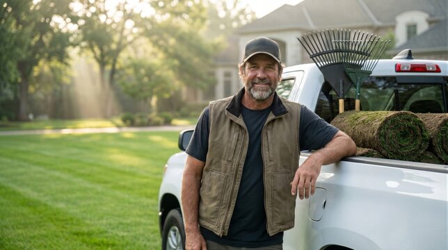 Portrait of a professional landscaper standing by his truck with rolls of sod and gardening tools in a sunny residential neighborhood