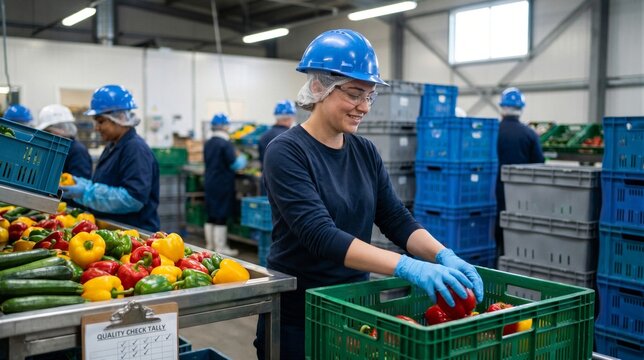 A smiling female worker in a hard hat and safety gear sorting fresh bell peppers into crates in a food processing facility