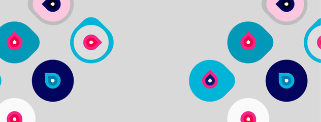 Fototapeta premium Abstract pattern features colorful eyes, circles, teardrops. Soft gray background provides neutral canvas. Simple shapes create playful design.