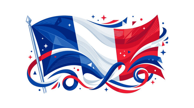 Dynamic french tricolor flag with festive ribbons and stars