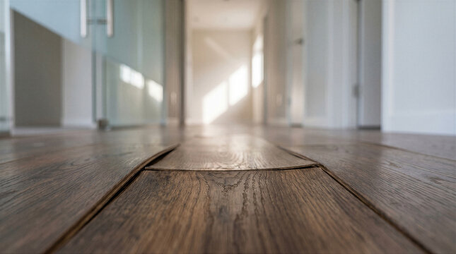 Closeup of damaged wooden floor planks in a hallway, showing warping and lifting edges due to moisture or improper installation