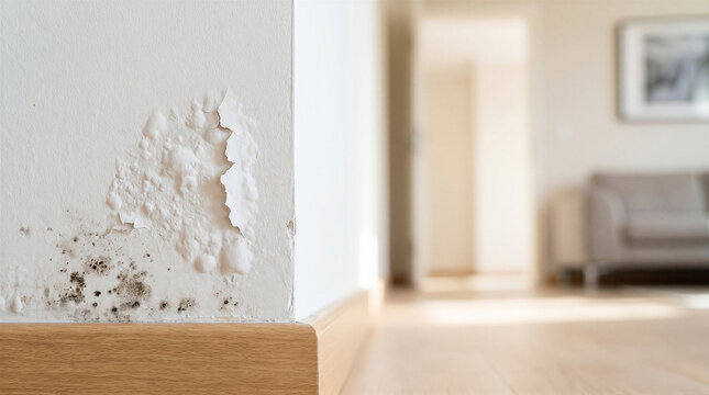 Mold and peeling paint on an interior wall caused by dampness and water damage in a residential home
