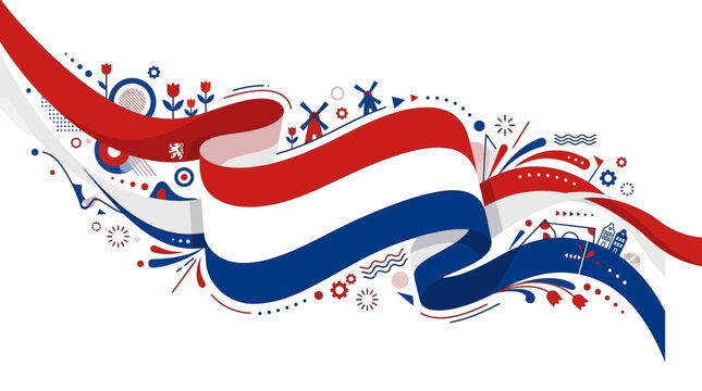 Waving dutch flag ribbon with traditional windmills and tulips