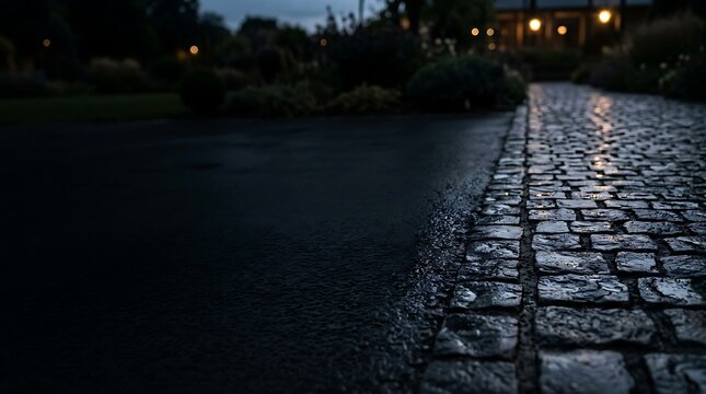 Wet cobblestone path and asphalt road under night sky