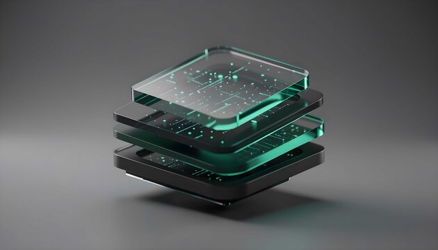 Abstract 3D rendering of futuristic glass layers with glowing green digital circuits and floating particles, representing cloud computing, big data processing, and software architecture
