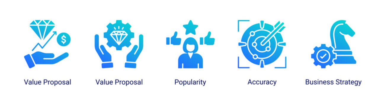 Business value icon set featuring value proposition,strategy,popularity and accuracy concepts for marketing,branding and business development projects.
