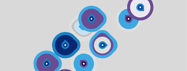 Fototapeta premium Abstract circles, varying shades purple, blue. Water droplets inside some shapes. Light gray background creates modern design.