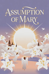 Obraz premium An artistic representation features angels ascending toward a glowing sun amidst floating white lilies and distant church silhouettes.