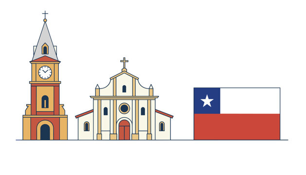 National travel poster for chile displaying traditional church architecture a historic clock tower and the flag.