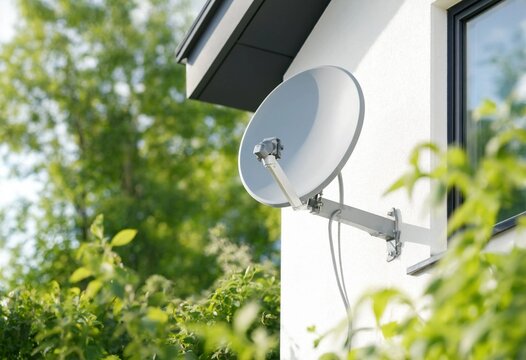 Modern satellite television dish installed on a country house exterior wall providing clear digital signal reception, communication connectivity, broadcasting, and reliable home entertainment system
