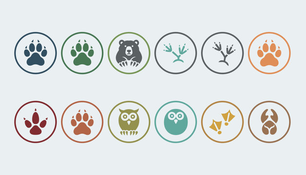Comprehensive set of animal footprint icons and stylized animal faces including a bear owl and bird tracks.