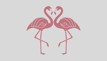 Obraz premium Two elegant pink flamingos facing each other in symmetry on a clean grey background forming a heart shape.