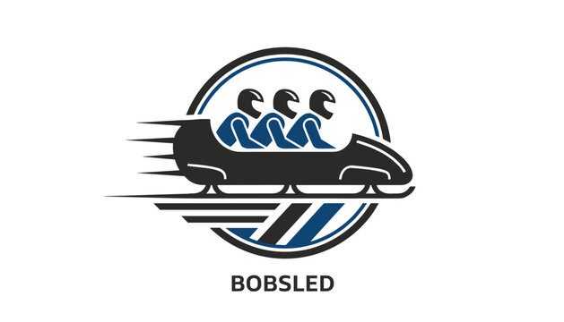 Bobsled team logo representing athletes inside a fast moving sled in a circular winter sports emblem.