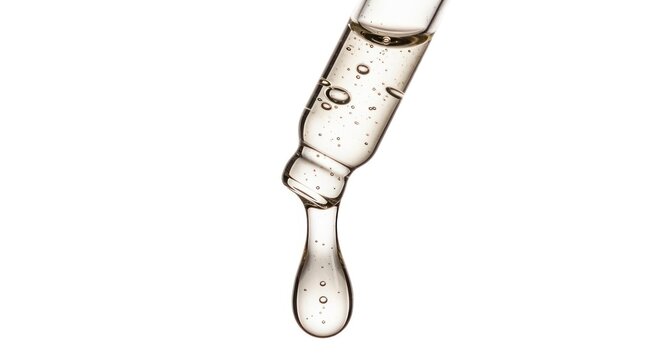 Cosmetic dropper with serum liquid dropping against white background