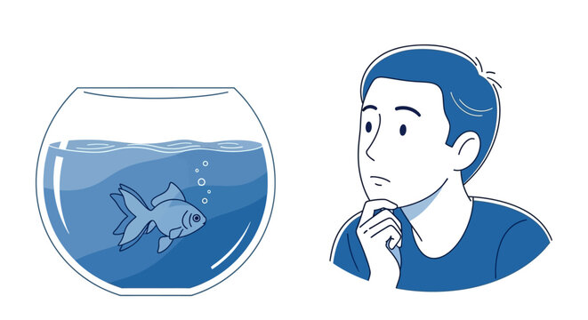 Thoughtful man observes goldfish in a round glass bowl