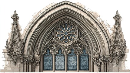 Fototapeta premium Gothic church window with intricate stone carvings and stained glass