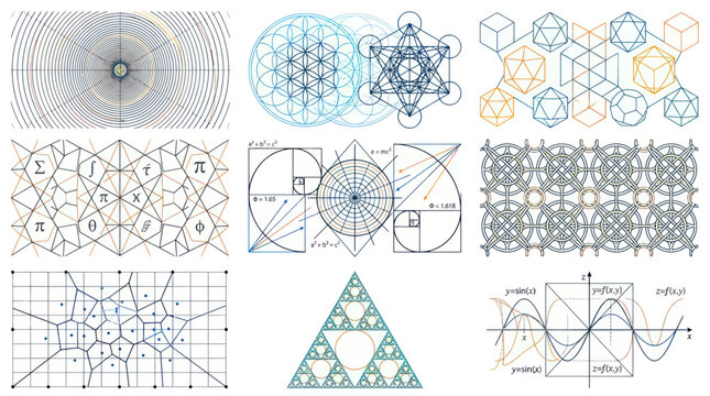 Sacred geometry and mathematical diagrams with golden ratio formulas