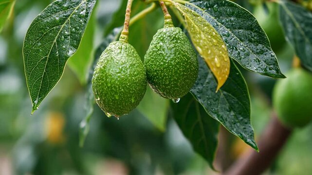 Green avocado fruit hanging on tree branch with wet green leaf and water droplets after rain in natural garden environment