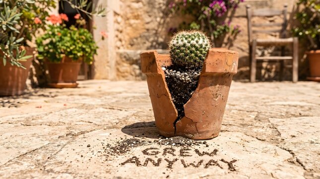 Metaphorical image of a round cactus growing in a cracked terracotta pot on a sunny stone patio with the words 'GREW ANYWAY' spelled out in soil, symbolizing resilience and overcoming...