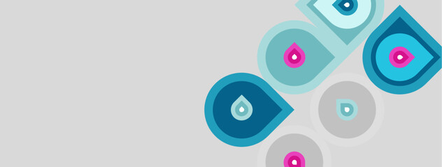 Fototapeta premium Abstract circles, varying sizes, shades. Pink, teal, gray colors dominate composition. Water droplets inside some shapes present. Minimalist design.