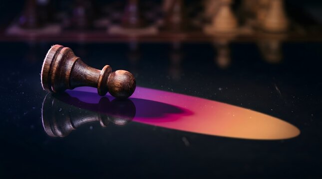 A fallen wooden chess pawn lies on a reflective surface illuminated by a colorful light beam, creating a dramatic shadow that symbolizes strategic defeat and hidden potential.