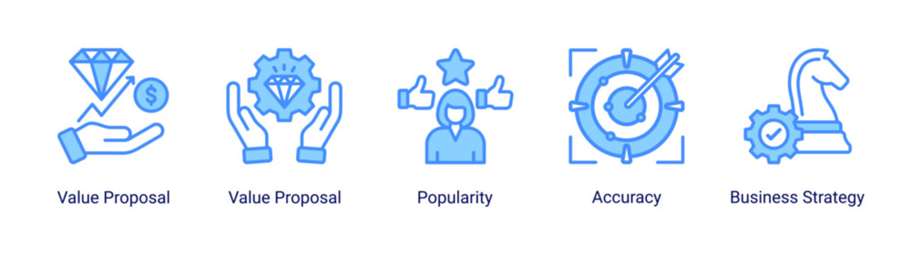 Business value icon set featuring value proposition,strategy,popularity and accuracy concepts for marketing,branding and business development projects.