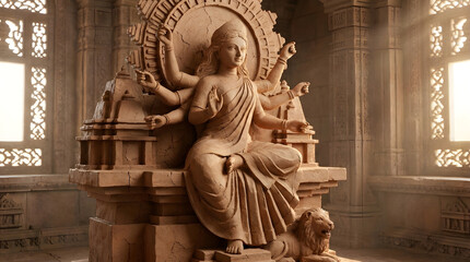 Fototapeta premium A serene stone statue of a Hindu goddess sits majestically on a throne in a temple.