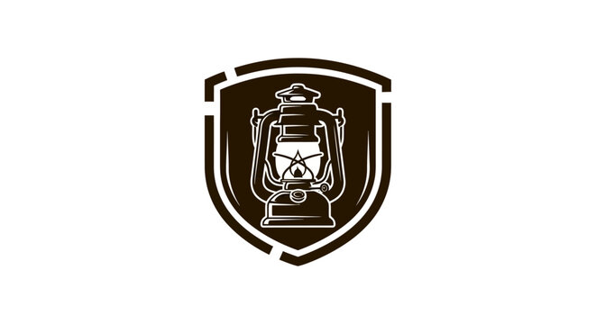 Vintage lantern on shield emblem symbol.