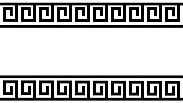 A classic Greek key meander pattern bordering both the top and bottom edges of a white background panel