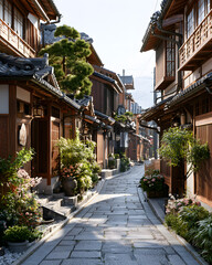 Fototapeta premium Narrow Street in Kyoto with Traditional Machiya Wooden Houses Surrounded by Lush Greenery and Blossoms