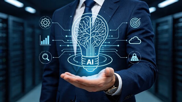 Business professional in suit presenting artificial intelligence concept with holographic brain light bulb in server room
