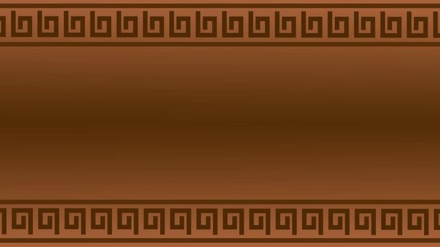 A golden brown Greek key pattern bordering the top and bottom of a rich wooden textured background panel