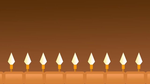 A row of pointed white spear tips lined up evenly along a warm brown wood textured ground panel