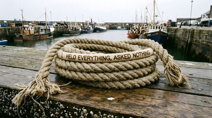 Fototapeta premium A coiled harbor rope bearing the inscription 