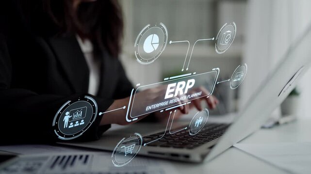 ERP platform visual showing centralized system for enterprise resource planning, improving integration, data flow, business efficiency, finance, inventory, and human resources. Muxer