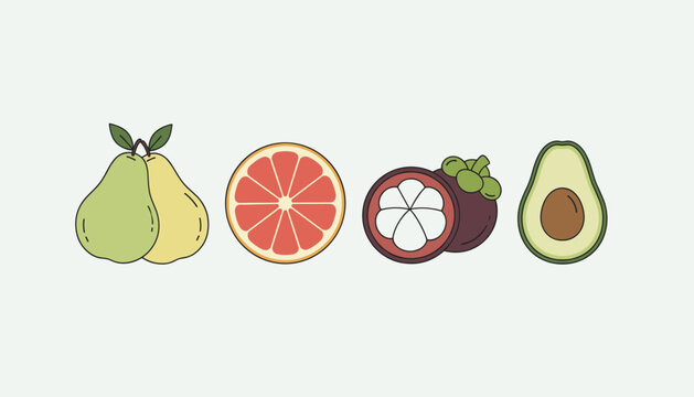 Fresh cut organic fruits including green pears, a grapefruit slice, a mangosteen, and a healthy avocado on beige.