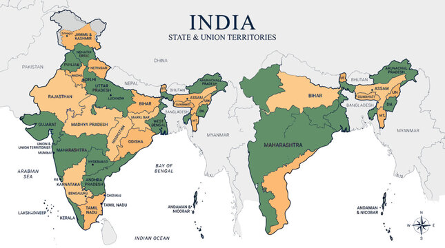India map with states and union territories in orange and green