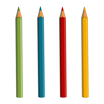 Set of four colorful wooden pencils isolated on transparent background.
