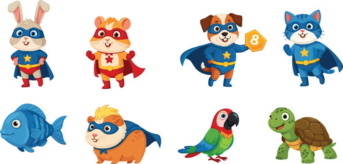 Obraz premium Cute Superhero Animal Characters Collection with Rabbit Hamster Dog Cat Parrot and Turtle