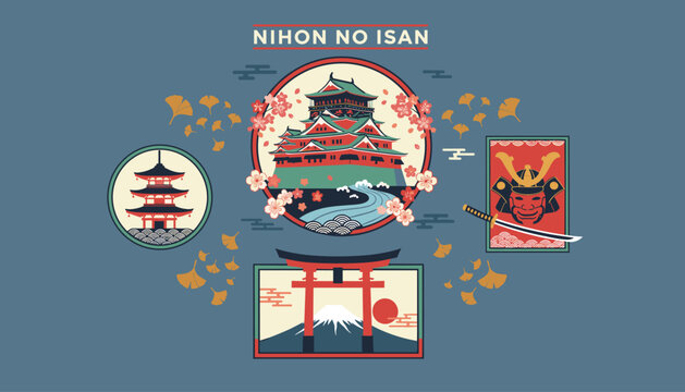 Nihon no Isan Japanese heritage travel illustration showing traditional castle, cherry blossoms, pagoda, torii gate, and Mt Fuji.