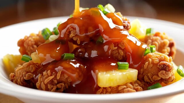 Pouring bright orange sweet and sour sauce onto crispy battered fried chicken nuggets served with fresh pineapple chunks and chopped green onions in a white bowl, close up view.