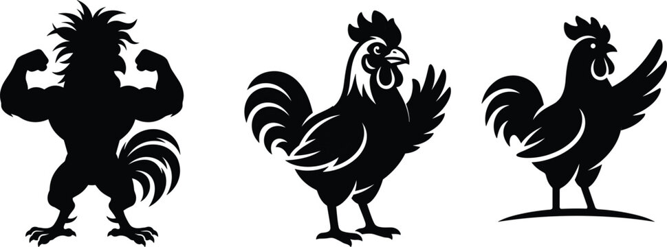 Rooster Silhouette Collection with Strong Mascot Chicken Farm Bird Vector Illustration Set